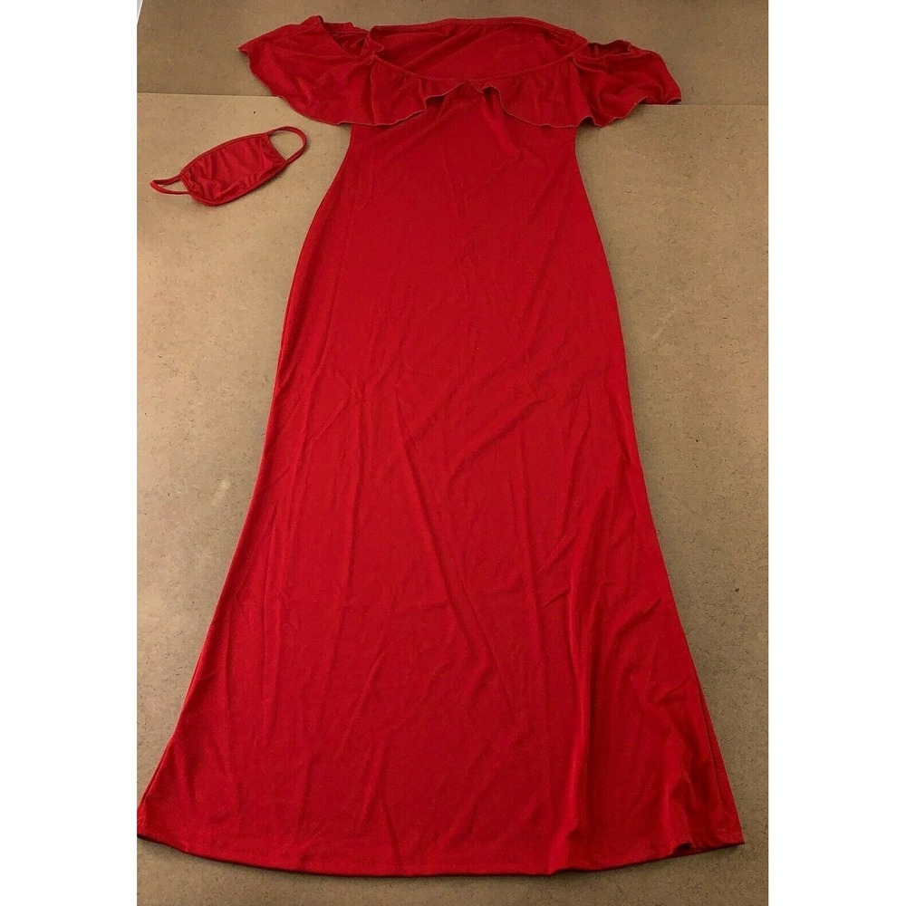 BestGirl Women's Size XL Red Off The Shoulder Fitted Maxi Dress & Face Mask New